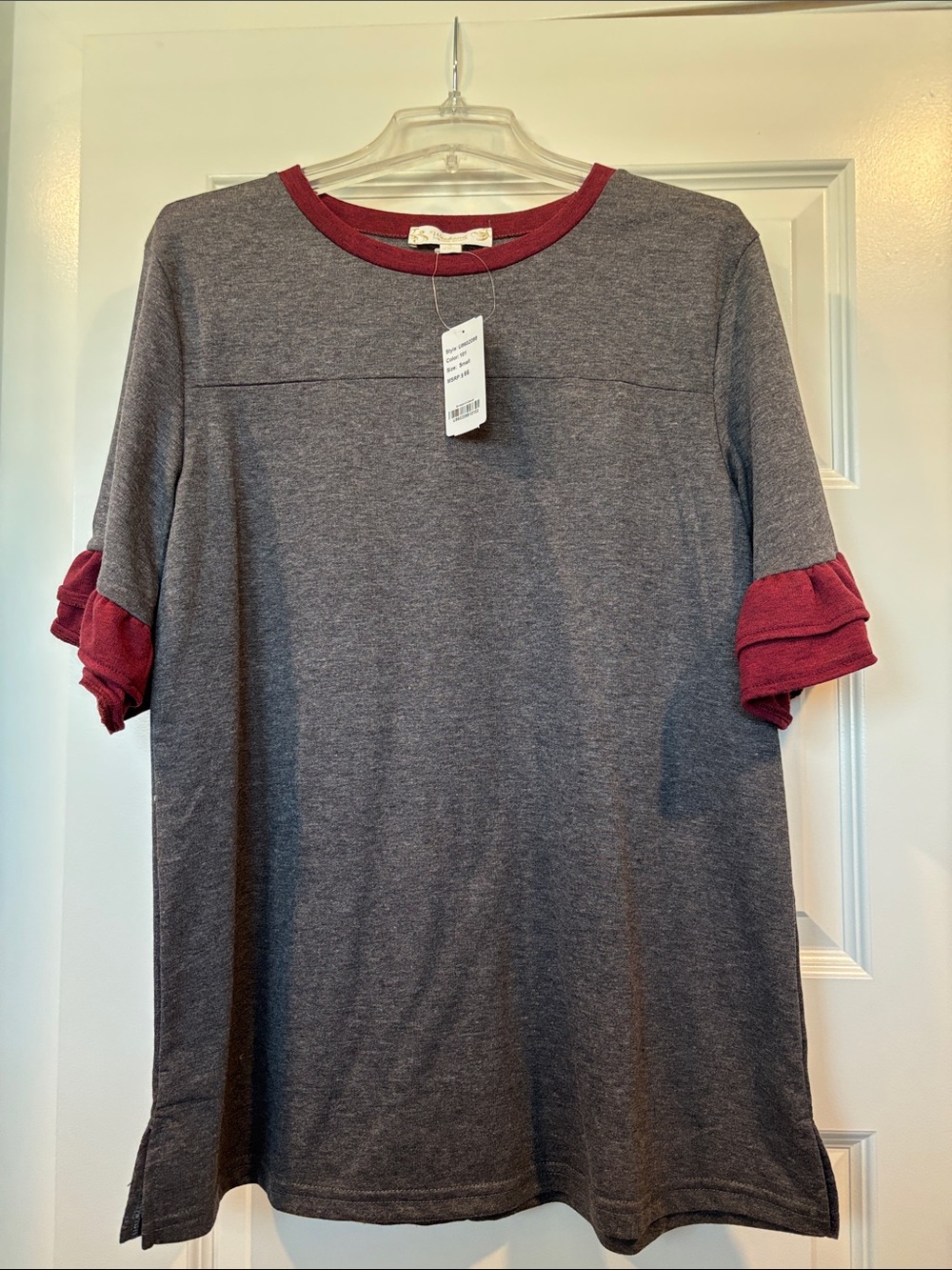 Suzanne Betro Gray Tunic with Burgundy Neckline